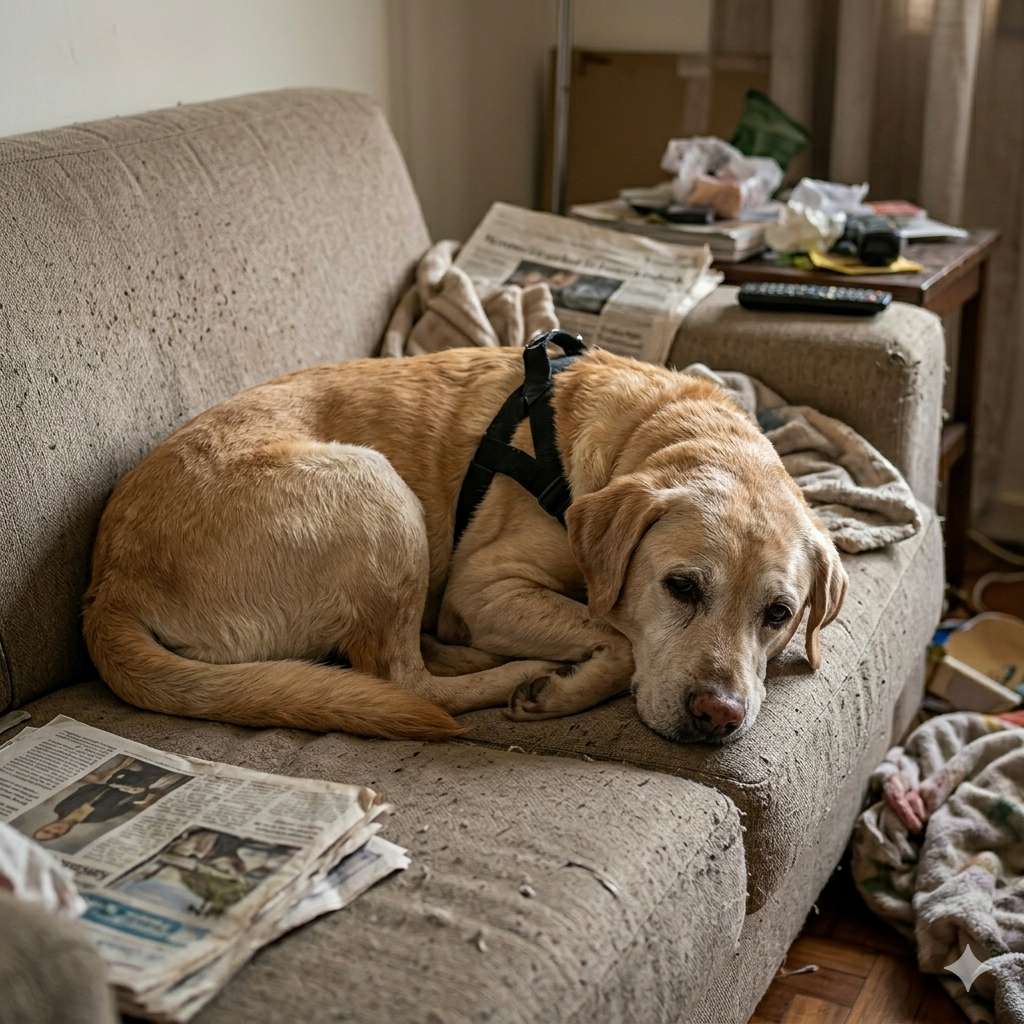 Cão idoso de pelo dourado deitado em superfície confortável, olhar sereno, representando o envelhecimento saudável canino com prevenção da disfunção cognitiva canina.