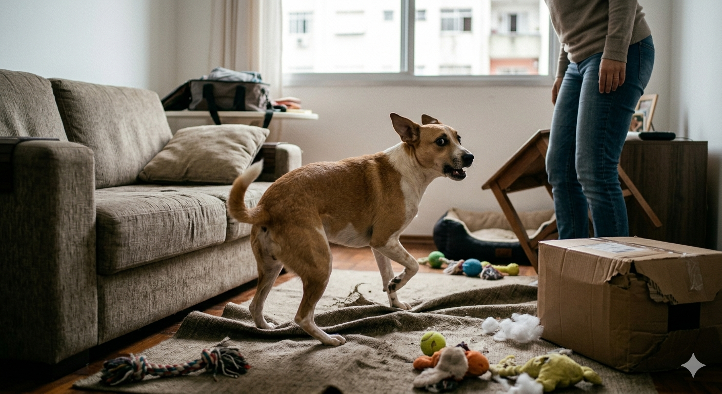 Cachorro com muita energia acumulada roendo brinquedo em apartamento pequeno